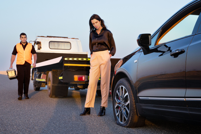 Woman standing in front of her car and man walking towards her next to a tow truck