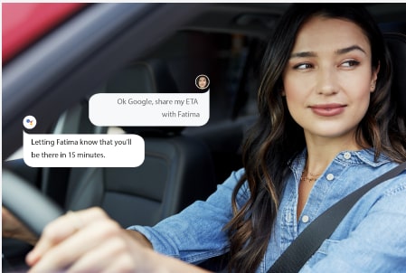 Woman looking out of the car and speech blurbs on the visual